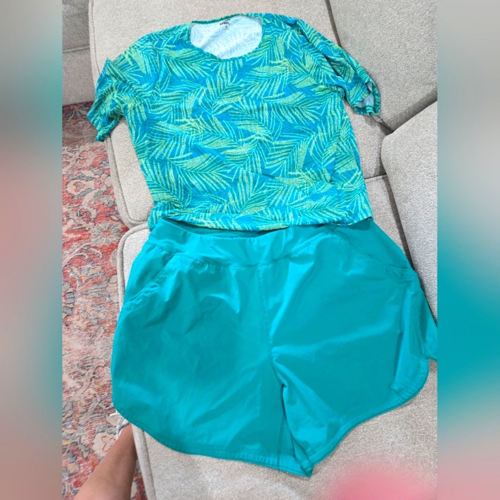 Womens Plus Swim 2 Piece Set - Blue and Green-Lands End